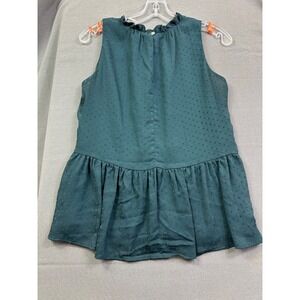 LOFT Womens Teal Green Clip Dot Ruffle Neck Peplum Sleeveless Blouse‎ Top Small